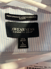 Load image into Gallery viewer, Kenneth Cole Mens Blue White Awearness Slim Fit Stretch Non-Iron Dress Shirt L