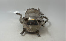 Load image into Gallery viewer, Silver Tone Floral Engraved Footed Swirl Handle Tea Pot With Hinged Lid