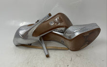 Load image into Gallery viewer, Michael Kors Womens Tiegan Silver Snakeskin Embossed Ankle Strap Heels Size 8.5M