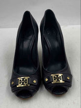 Load image into Gallery viewer, Authentic Tory Burch Womens Black Leather Peep Toe Wedge Pump Heels Size 7.5 M