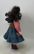 Load image into Gallery viewer, Black Curly Hair Blue Eyes Cowgirl Porcelain Doll In Multicolor Dress With Stand