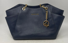 Load image into Gallery viewer, Michael Kors Womens Jet Set Blue Gold Saffiano Leather Large Shoulder Bag