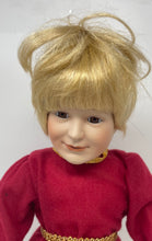 Load image into Gallery viewer, Vintage Style Blonde Hair Brown Eyes Collectible Porcelain Doll w/ Display Stand