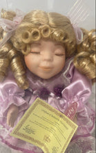Load image into Gallery viewer, Gift Gallery Animated Wind Up Musical Purple Dress Curly Hair Porcelain Doll