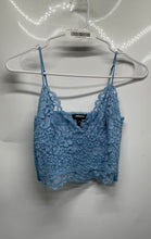 Load image into Gallery viewer, Express Womens Light Blue Floral Lace Spaghetti Strap Cropped Tank Top Size S