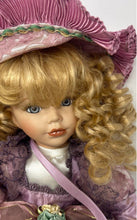 Load image into Gallery viewer, Vintage Blonde Hair Blue Eyes Porcelain Doll With Pink Dress Purse & Stuffed Toy
