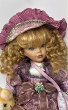 Load image into Gallery viewer, Vintage Blonde Hair Blue Eyes Porcelain Doll With Pink Dress Purse & Stuffed Toy