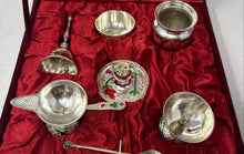 Load image into Gallery viewer, Set Of 9 Pcs Silver Tone Collectible Pooja Thali Meenakari With Red Velvet Box