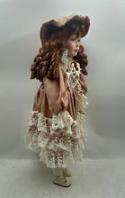 Load image into Gallery viewer, Vintage Auburn Curly Hair Gray Eyes Collectible Porcelain Doll In Pink Dress