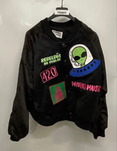 Load image into Gallery viewer, Leblanc Studios Mens Black Embroidered Patches Snap Front Bomber Jacket Size L