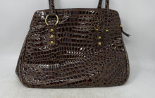 Load image into Gallery viewer, Joan Rivers Womens Brown Crocodile Embossed Faux Leather Double Zip Tote Handbag