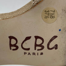 Load image into Gallery viewer, BCBG Womens Gold Glitter Leather Stiletto Heel Ankle Strap Sandals Size 7.5 B