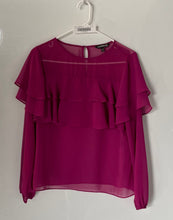 Load image into Gallery viewer, Express Womens Fuchsia Ruffle Sheer Long Sleeve Round Neck Blouse Top Size S