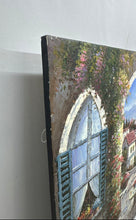 Load image into Gallery viewer, Vintage Mediterranean Coastal View Seaside Terrace Oil Painting Signed P Fielder