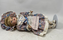 Load image into Gallery viewer, Blonde Curly Hair Blue Eyes Porcelain Doll With Multicolor Floral Outfit
