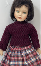 Load image into Gallery viewer, Brown Hair Green Eyes Porcelain Girl Doll In Red Sweater & Plaid Skirt
