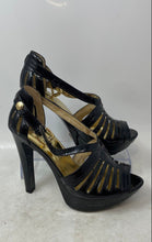 Load image into Gallery viewer, Michael Kors Womens Joslin Black Gold Patent Leather Platform Sandals Size 7M