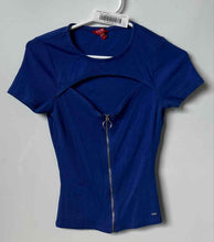 Load image into Gallery viewer, Guess Womens Blue Short Sleeve Crew Neck Cutout Front Zip Blouse Top Size Small