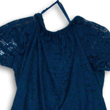 Load image into Gallery viewer, Loft Womens Blue Floral Lace Short Sleeve Round Neck Mini Dress Size MP