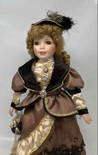 Load image into Gallery viewer, Curly Blonde Hair Brown Eyes Feather Hat Porcelain Doll Collectible With Outfit