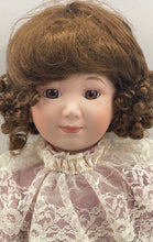 Load image into Gallery viewer, Brown Curly Hair Victorian Style Porcelain Doll In Pink White Maxi Dress