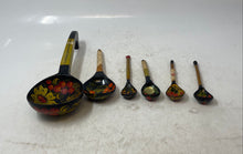 Load image into Gallery viewer, Vintage Soviet Khokhloma Wooden Floral Lacquer Spoons And Ladle Set Of 6 Pcs