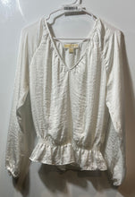 Load image into Gallery viewer, Michael Kors Womens White Long Sleeve V-Neck Smocked Waist Peplum Blouse Top M