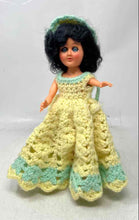 Load image into Gallery viewer, Vintage Plastic Play Doll Featuring Handmade Crochet Yellow & Green Maxi Dress