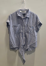 Load image into Gallery viewer, US Polo Assn. Womens Blue White Striped Short Sleeve Tie Waist Blouse Top Size M
