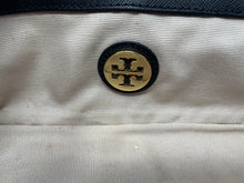 Load image into Gallery viewer, Authentic Tory Burch Womens Black Faux Leather Gold-Tone Clutch Purse Stained