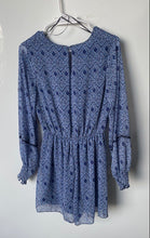 Load image into Gallery viewer, Zara Womens Blue White Geometric Long Sleeve V-Neck One-Piece Romper Size XS