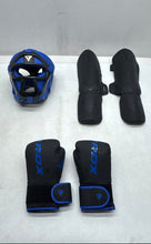 Load image into Gallery viewer, RDX Black Blue Sport Equipment Helmet Gloves & Shin Guards Boxing Protective Set