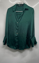 Load image into Gallery viewer, Zara Womens Green Satin Long Sleeve Collared Button-Up Shirt Size XS