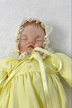 Load image into Gallery viewer, Baby In Yellow Dress Sleep Eyes Lace Bonnet Collectible Porcelain Doll
