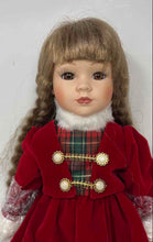 Load image into Gallery viewer, Blonde Hair Brown Eyes Collectible Holiday Porcelain Doll With Red Outfit
