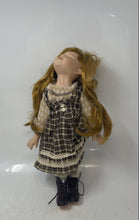 Load image into Gallery viewer, Vintage Unique Brown Hair And Eyes Blue Beige Dress Porcelain Doll
