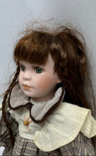 Load image into Gallery viewer, Brown Hair Green Eyes Decorative Porcelain Doll Collectible With Plaid Outfit
