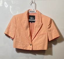 Load image into Gallery viewer, Zara Womens Light Peach Short Sleeve Collared Cropped One Button Blazer Size S
