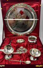 Load image into Gallery viewer, Set Of 9 Pcs Silver Tone Collectible Pooja Thali Meenakari With Red Velvet Box
