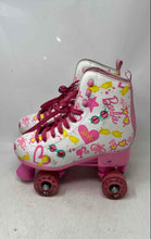 Load image into Gallery viewer, Mattel Girls White &amp; Pink Barbie Print Lace-Up Quad Wheel Roller Skates Size 3-6
