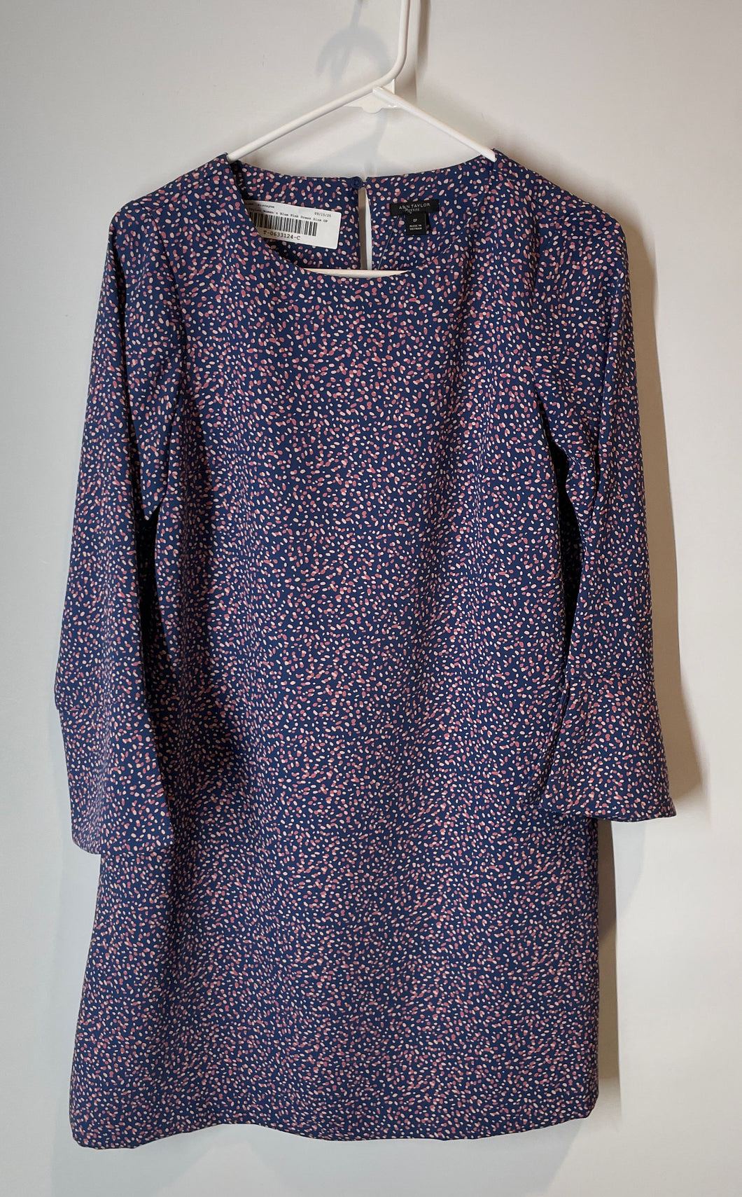 Ann Taylor Womens Blue Pink Dotted Long Sleeve Crew Neck Shift Dress Size 0P