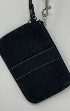 Load image into Gallery viewer, Coach Womens Black Signature Stripe Canvas Leather Trim Zip Top Wristlet Wallet
