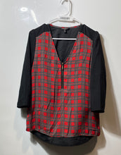 Load image into Gallery viewer, Express Womens Black Red Plaid Printed 3/4 Sleeve Front Zip Blouse Top Size S
