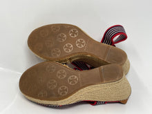 Load image into Gallery viewer, Authentic Tory Burch Womens Red Beige Wedge Espadrille Sandals Size 7B Damaged
