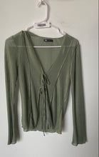 Load image into Gallery viewer, Zara Womens Green Pleated Long Sleeve Regular Fit Tie Front Blouse Top Size S
