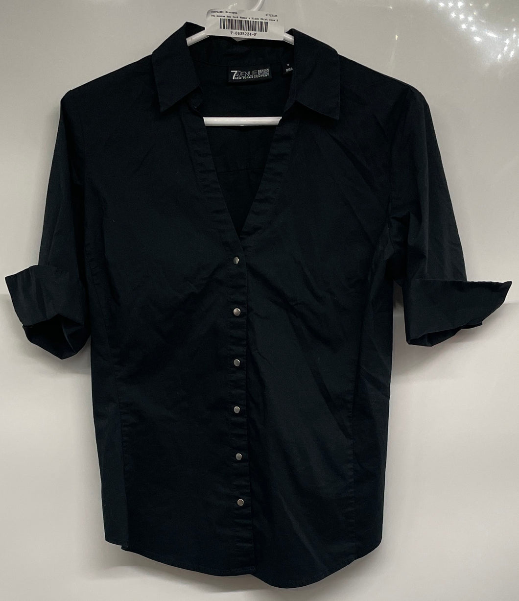 7Th Avenue Design Studio Womens Black Short Sleeve Collared Button-Up Shirt Sz S