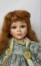 Load image into Gallery viewer, Vintage Collectible Brown Curly Hair Porcelain Doll In Victorian Dress w/ Stand
