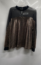 Load image into Gallery viewer, Nine West Womens Black Gold Mesh Sequin Round Neck Long Sleeve Blouse Top Size L
