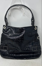Load image into Gallery viewer, Alfred Dunner Womens Black Faux Patent Leather Croc Embossed Buckle Shoulder Bag
