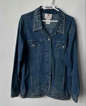 Load image into Gallery viewer, Quacker Factory Womens Blue Denim Rhinestones Ornament Spread Collar Jacket Sz L
